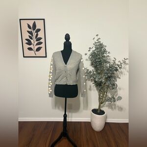 -SOLD-Jessica Simpson green Cardigan with White and Yellow Floral Sleeves